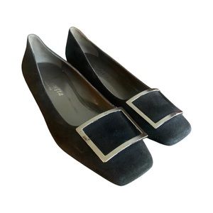Black Suede low Heel Shoes with Silver Buckle